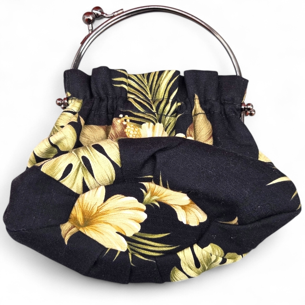 Vtg aBBa Black Golden Yellow Hibiscus Bag Kisslock Round Handle Hawaii '80s EUC - Picture 9 of 13